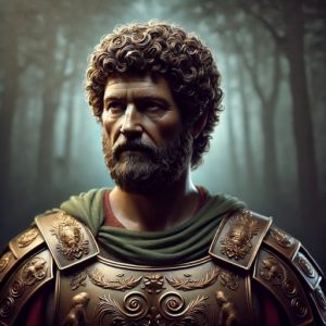 The image depicts a highly detailed and realistic representation of a Roman philosopher-warrior, inspired by Marcus Aurelius. The figure has curly hair and a well-groomed beard, wearing ornate bronze armor adorned with intricate Roman motifs. The backdrop features a soft-focus, moody forest, which emphasizes the character's thoughtful and resolute expression. The square composition captures the upper torso and head, with dramatic lighting enhancing the texture and depth of the image.